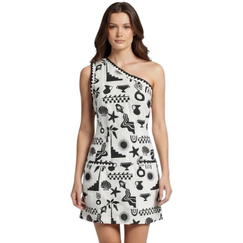Commence White/Black One Shoulder Wearable Art Graphic Abstract Shift Dress M